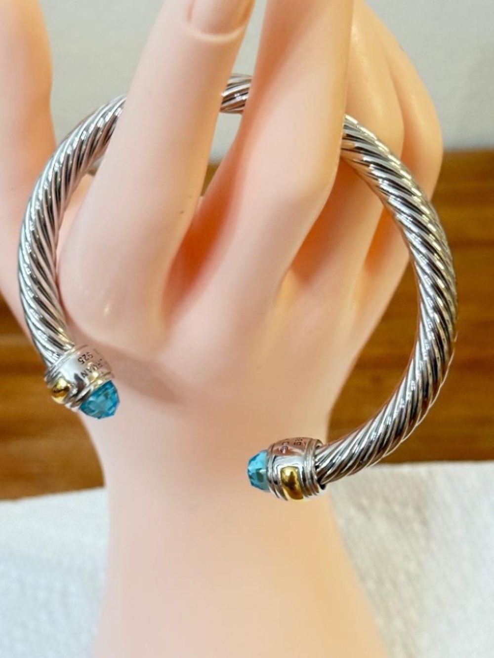 David Yurman 7mm Cable Classic Cuff Bracelet Sterling Silver 14K Gold Blue Topaz